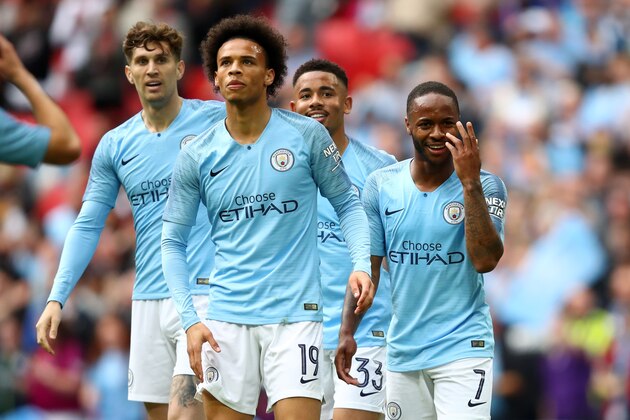 LONDON, ENGLAND - MAY 18: Raheem Sterling of Manchester City celebrates with teammates after scoring his team's sixth goal during the FA Cup Final match between Manchester City and Watford at Wembley Stadium on May 18, 2019 in London, England. (Photo by Julian Finney/Getty Images)
