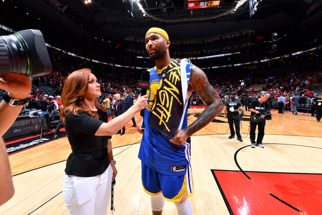 TORONTO, CANADA - JUNE 2: DeMarcus Cousins #0 of the Golden State Warriors speaks to the media after Game Two of the NBA Finals against the Toronto Raptors on June 2, 2019 at Scotiabank Arena in Toronto, Ontario, Canada. NOTE TO USER: User expressly acknowledges and agrees that, by downloading and/or using this photograph, user is consenting to the terms and conditions of the Getty Images License Agreement. Mandatory Copyright Notice: Copyright 2019 NBAE (Photo by Jesse D. Garrabrant/NBAE via Getty Images)