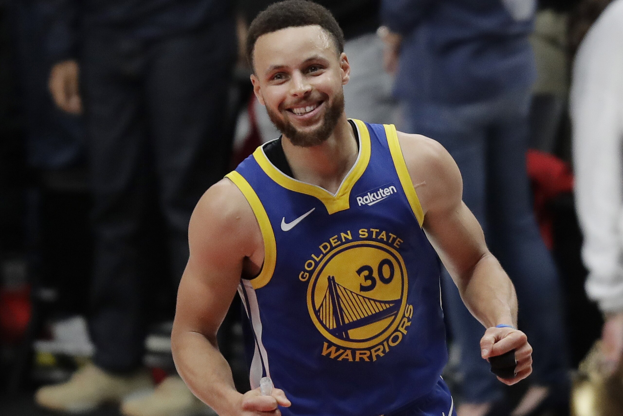 Golden State Warriors guard Stephen Curry reacts at the end of Game 4 of the NBA basketball playoffs Western Conference finals against the Portland Trail Blazers, Monday, May 20, 2019, in Portland, Ore. The Warriors won 119-117 in overtime. (AP Photo/Ted S. Warren)