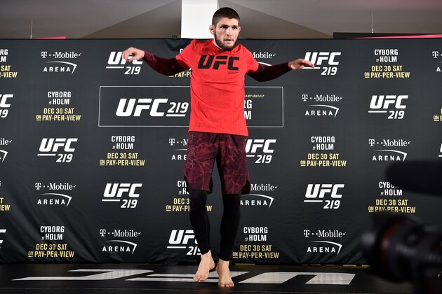 LAS VEGAS, NV - DECEMBER 28:  Khabib Nurmagomedov of Russia holds an open training session for fans and media during the UFC 219 Open Workouts inside T-Mobile Arena on December 28, 2017 in Las Vegas, Nevada. (Photo by Jeff Bottari/Zuffa LLC/Zuffa LLC via Getty Images)
