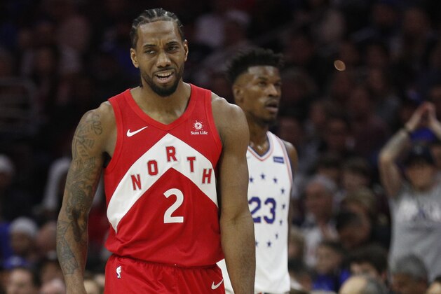 Toronto Raptors' Kawhi Leonard reacts during the first half of Game 6 of a second-round NBA basketball playoff series against the Philadelphia 76ers, Thursday, May 9, 2019, in Philadelphia. 76ers won 112-101. (AP Photo/Chris Szagola)