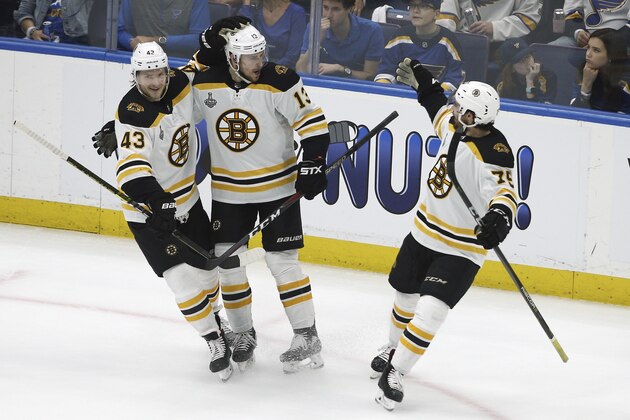 Boston Bruins center Charlie Coyle (13) celebrates with Danton Heinen (43) and Connor Clifton (75) after Coyle scored a goal against the St. Louis Blues during the first period of Game 3 of the NHL hockey Stanley Cup Final Saturday, June 1, 2019, in St. Louis. (AP Photo/Scott Kane)