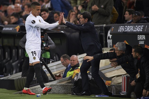 VALENCIA, SPAIN - MARCH 07: Marcelino Garcia Toral, Manager of Valencia shakes hands with Rodrigo Moreno after he was substituted during the UEFA Europa League Round of 16 First Leg match between Valencia v Krasnodar at Estadi de Mestalla on March 07, 2019 in Valencia, Spain. (Photo by Quality Sport Images/Getty Images)