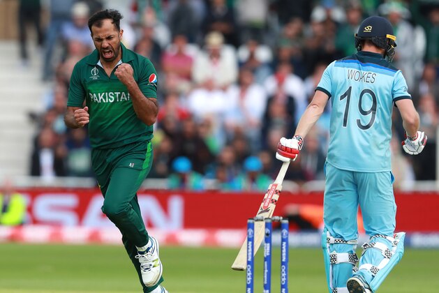NOTTINGHAM, ENGLAND - JUNE 03:  Wahab Riaz of Pakistan celebrates after taking the wicket of Chris Woakes during the Group Stage match of the ICC Cricket World Cup 2019 between England and Pakistan at Trent Bridge on June 03, 2019 in Nottingham, England. (Photo by David Rogers/Getty Images)