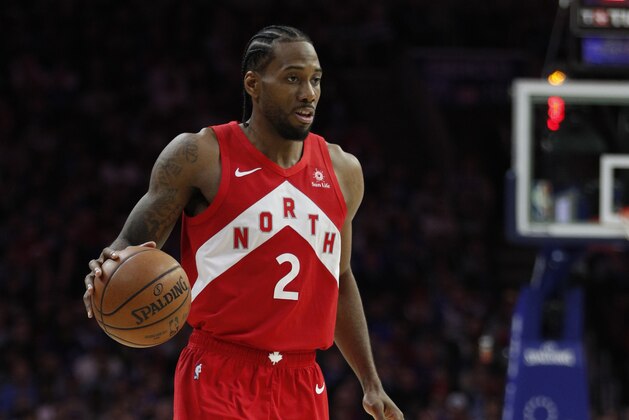 Toronto Raptors' Kawhi Leonard in action during the second half of Game 6 of a second-round NBA basketball playoff series against the Philadelphia 76ers, Thursday, May 9, 2019, in Philadelphia. 76ers won 112-101. (AP Photo/Chris Szagola)