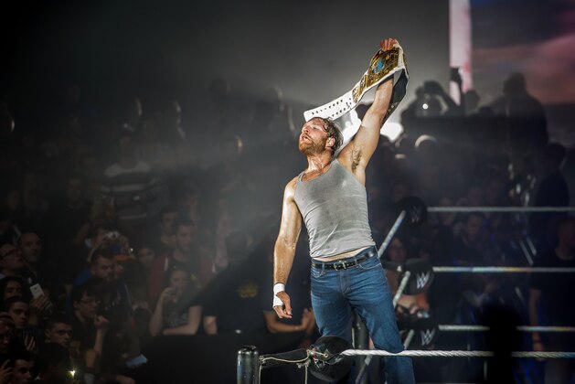 Dean Ambrose celebrates victory over the Wiz during the WWE show at Zenith Arena on may 09, 2017 in Lille, France. / AFP PHOTO / PHILIPPE HUGUEN        (Photo credit should read PHILIPPE HUGUEN/AFP/Getty Images)