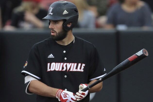 Louisville's Alex Binelas during an NCAA college baseball game against Miami, Thursday, April 18, 2019, in Louisville, Ky. (AP Photo/Aaron Doster)