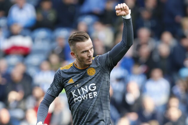 HUDDERSFIELD, ENGLAND - APRIL 06: James Maddison of Leicester City Celebrates scoring a goal during the Premier League match between Huddersfield Town and Leicester City at John Smith's Stadium on April 06, 2019 in Huddersfield, United Kingdom. (Photo by Ben Early/Getty Images)