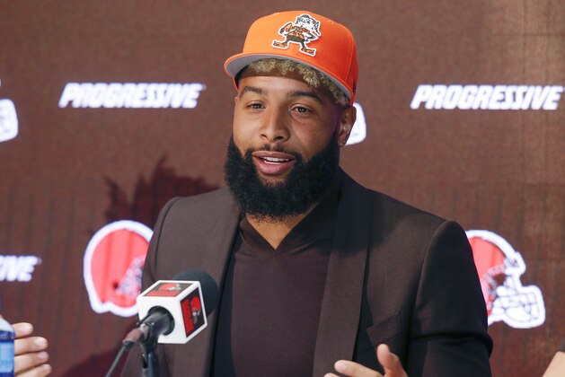 Cleveland Browns' Odell Beckham answers questions during a news conference Monday, April 1, 2019, in Berea, Ohio. (AP Photo/Ron Schwane)