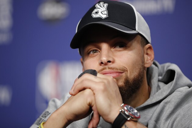 TORONTO, CANADA - JUNE 02: Stephen Curry #30 of the Golden State Warriors talks to the media during a press conference after Game Two of the NBA Finals against the Toronto Raptors on June 2, 2019 at Scotiabank Arena in Toronto, Ontario, Canada. NOTE TO USER: User expressly acknowledges and agrees that, by downloading and/or using this photograph, user is consenting to the terms and conditions of the Getty Images License Agreement. Mandatory Copyright Notice: Copyright 2019 NBAE (Photo by Mark Blinch/NBAE via Getty Images)