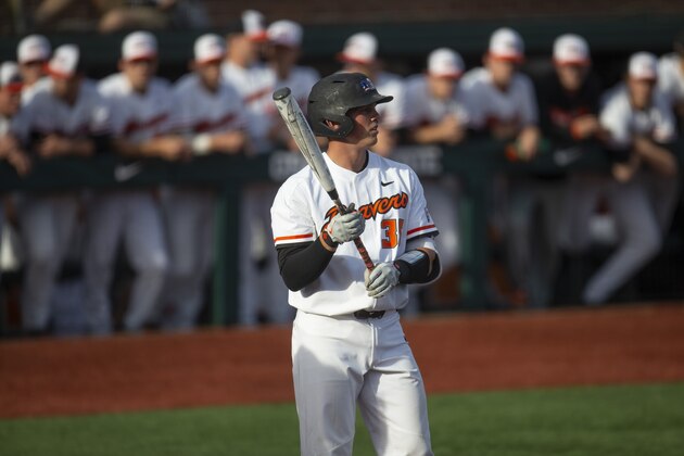 Adley Rutschman bats for Oregon State against Washington State during an NCAA baseball game on Friday, April 26, 2019 in Corvallis, Ore. (AP Photo/Chris Pietsch)