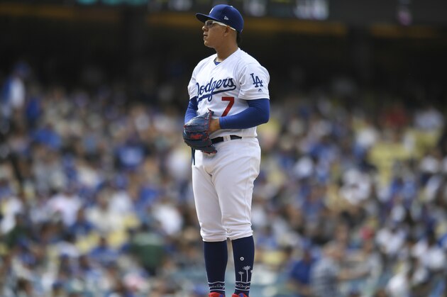 LOS ANGELES, CA - APRIL 28: Julio Urias #7 of the Los Angeles Dodgers on the mound during the eighth inning against the Pittsburgh Pirates at Dodger Stadium on April 28, 2019 in Los Angeles, California. Dodgers won 7-6. (Photo by John McCoy/Getty Images)