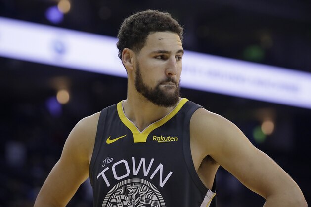 Golden State Warriors guard Klay Thompson against the New Orleans Pelicans during an NBA basketball game in Oakland, Calif., Wednesday, Oct. 31, 2018. (AP Photo/Jeff Chiu)