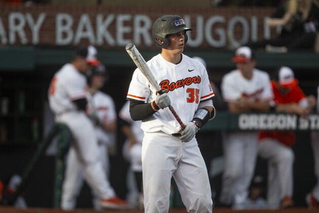 Adley Rutschman bats for Oregon State against Washington State during an NCAA baseball game on Friday, April 26, 2019 in Corvallis, Ore. (AP Photo/Chris Pietsch)