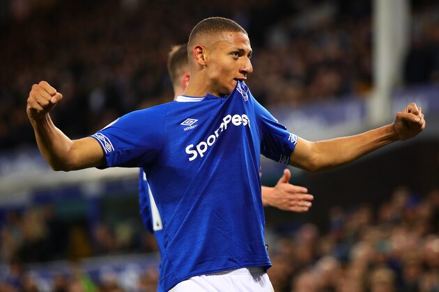 LIVERPOOL, ENGLAND - MAY 03: Richarlison of Everton celebrates scoring the opening goal during the Premier League match between Everton FC and Burnley FC at Goodison Park on May 03, 2019 in Liverpool, United Kingdom. (Photo by Chris Brunskill/Fantasista/Getty Images)