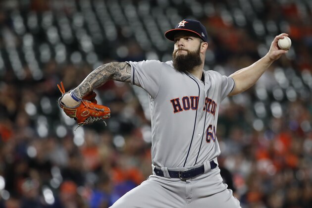 BALTIMORE, MD - SEPTEMBER 29: Starting pitcher Dallas Keuchel #60 of the Houston Astros pitches in the first inning against the Baltimore Orioles during Game Two of a doubleheader  at Oriole Park at Camden Yards on September 29, 2018 in Baltimore, Maryland. (Photo by Patrick McDermott/Getty Images)