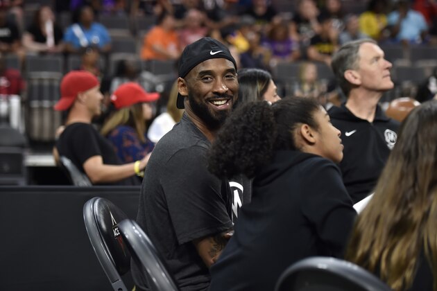 LAS VEGAS, NV - MAY 26: Former NBA player, Kobe Bryant, looks on during the game against the Las Vegas Aces and the Los Angeles Sparks on May 26, 2019 at the Mandalay Bay Events Center in Las Vegas, Nevada. NOTE TO USER: User expressly acknowledges and agrees that, by downloading and or using this photograph, User is consenting to the terms and conditions of the Getty Images License Agreement. Mandatory Copyright Notice: Copyright 2019 NBAE  (Photo by David Becker/NBAE via Getty Images)