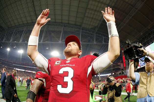 GLENDALE, AZ - JANUARY 16:  Quarterback Carson Palmer #3 of the Arizona Cardinals celebrates after beating the Green Bay Packers 26-20 in overtime of the NFC Divisional Playoff Game at University of Phoenix Stadium on January 16, 2016 in Glendale, Arizona.  (Photo by Christian Petersen/Getty Images)