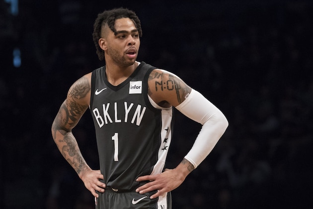 Brooklyn Nets guard D'Angelo Russell during a break in action in the second half of an NBA basketball game against the Boston Celtics, Saturday, March 30, 2019, in New York. The Nets won 110-96. (AP Photo/Mary Altaffer)