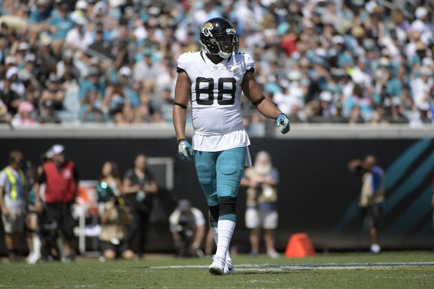 Jacksonville Jaguars tight end Austin Seferian-Jenkins (88) sets up for a play during the first half of an NFL football game against the Tennessee Titans Sunday, Sept. 23, 2018, in Jacksonville, Fla. (AP Photo/Phelan M. Ebenhack)