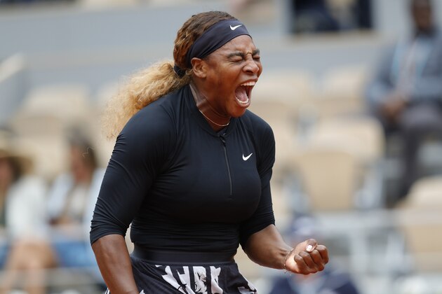 Serena Williams of the U.S. screams after scoring a point against Japan's Kurumi Nara during their second round match of the French Open tennis tournament at the Roland Garros stadium in Paris, Thursday, May 30, 2019. (AP Photo/Pavel Golovkin)