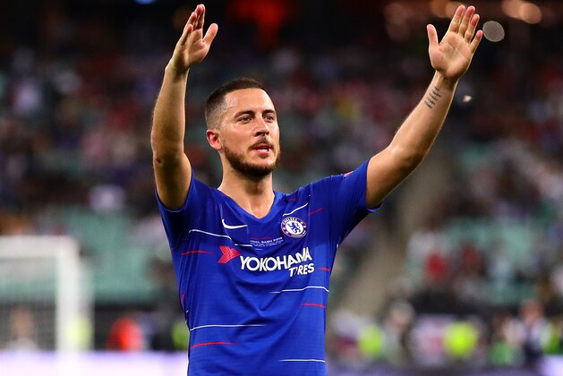 BAKU, AZERBAIJAN - MAY 29: Eden Hazard of Chelsea celebrates scoring his side's third goal during the UEFA Europa League Final between Chelsea and Arsenal at Baku Olimpiya Stadionu on May 29, 2019 in Baku, Azerbaijan. (Photo by Chris Brunskill/Fantasista/Getty Images)
