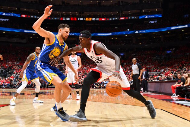 TORONTO, CANADA - JUNE 2: Klay Thompson #11 of the Golden State Warriors defends Pascal Siakam #43 of the Toronto Raptors during Game Two of the NBA Finals on June 2, 2019 at Scotiabank Arena in Toronto, Ontario, Canada. NOTE TO USER: User expressly acknowledges and agrees that, by downloading and/or using this photograph, user is consenting to the terms and conditions of the Getty Images License Agreement. Mandatory Copyright Notice: Copyright 2019 NBAE (Photo by Jesse D. Garrabrant/NBAE via Getty Images)
