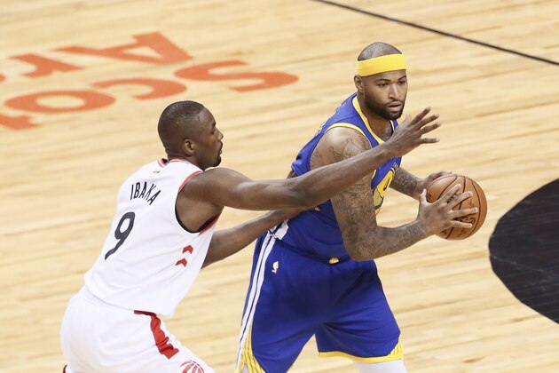 TORONTO, CANADA - JUNE 2:  DeMarcus Cousins #0 of the Golden State Warriors handles the ball against the Toronto Raptors  during Game Two of the NBA Finals on June 2, 2019 at Scotiabank Arena in Toronto, Ontario, Canada. NOTE TO USER: User expressly acknowledges and agrees that, by downloading and/or using this photograph, user is consenting to the terms and conditions of the Getty Images License Agreement. Mandatory Copyright Notice: Copyright 2019 NBAE (Photo by Chrise Elise/NBAE via Getty Images)