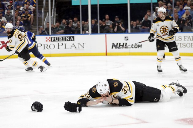 Boston Bruins defenseman Zdeno Chara (33), of Slovakia, lies on the ice after getting hit in the face with the puck during the second period of Game 4 of the NHL hockey Stanley Cup Final against the St. Louis Blues Monday, June 3, 2019, in St. Louis. (AP Photo/Jeff Roberson)