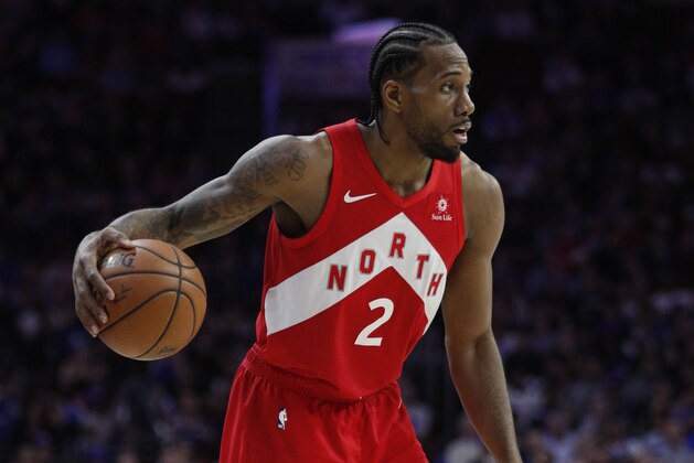 Toronto Raptors' Kawhi Leonard in action during the second half of Game 6 of a second-round NBA basketball playoff series against the Philadelphia 76ers, Thursday, May 9, 2019, in Philadelphia. 76ers won 112-101. (AP Photo/Chris Szagola)