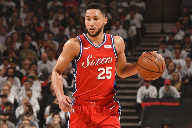 TORONTO, CANADA - MAY 12:  Ben Simmons #25 of the Philadelphia 76ers handles the ball against the Toronto Raptors during Game Seven of the Eastern Conference Semi-Finals of the 2019 NBA Playoffs on May 12, 2019 at the Scotiabank Arena in Toronto, Ontario, Canada.  NOTE TO USER: User expressly acknowledges and agrees that, by downloading and or using this Photograph, user is consenting to the terms and conditions of the Getty Images License Agreement.  Mandatory Copyright Notice: Copyright 2019 NBAE (Photo by Ron Turenne/NBAE via Getty Images)