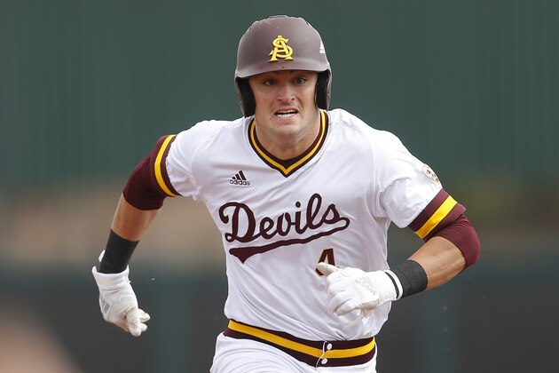 Arizona State outfielder Hunter Bishop during an NCAA college baseball game against Notre Dame, Sunday, Feb. 17, 2019, in Phoenix. (AP Photo/Rick Scuteri)