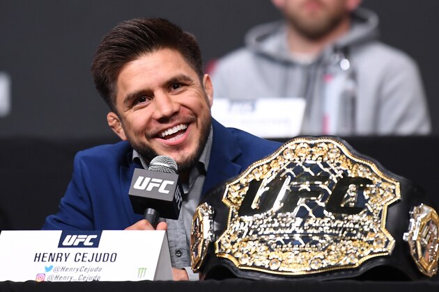 ATLANTA, GA - APRIL 12:  UFC flyweight champion Henry Cejudo speaks with the media during the UFC Seasonal Press Conference inside State Farm Arena on April 12, 2019 in Atlanta, Georgia. (Photo by Josh Hedges/Zuffa LLC/Zuffa LLC via Getty Images)