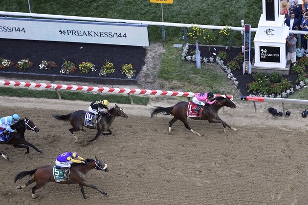 Jockey Tyler Gaffalione wins aboard War of Will during the Preakness Stakes horse race at Pimlico Race Course, Saturday, May 18, 2019, in Baltimore. Joel Rosario rides Everfast (10) for second and Florent Geroux rides Owendale for third. (AP Photo/Nick Wass)