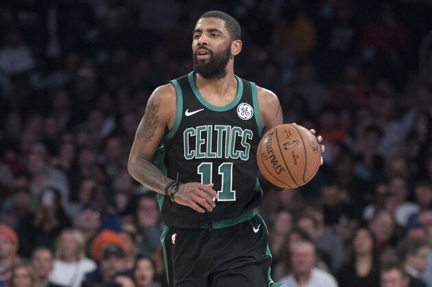 Boston Celtics guard Kyrie Irving handles the ball during the second half of an NBA basketball game against the New York Knicks, Friday, Feb. 1, 2019, at Madison Square Garden in New York. The Celtics won 113-99. (AP Photo/Mary Altaffer)