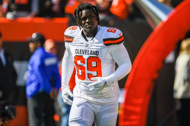 CLEVELAND, OH - OCTOBER 14: Desmond Harrison #69 of the Cleveland Browns runs onto the field during the player introduction prior to the game against the Los Angeles Chargers at FirstEnergy Stadium on October 14, 2018 in Cleveland, Ohio. (Photo by Jason Miller/Getty Images)