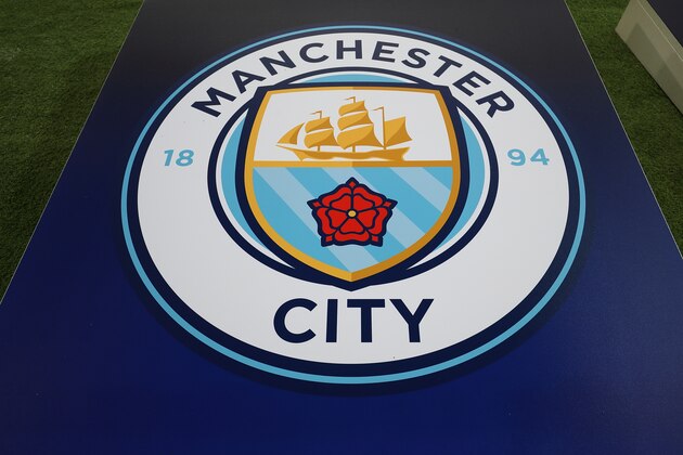 MANCHESTER, ENGLAND - NOVEMBER 07: The Manchester City badge on a board during the Group F match of the UEFA Champions League between Manchester City and FC Shakhtar Donetsk at Etihad Stadium on November 7, 2018 in Manchester, United Kingdom. (Photo by James Williamson - AMA/Getty Images)