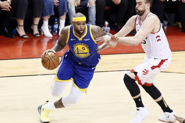 TORONTO, CANADA - JUNE 2:  DeMarcus Cousins #0 of the Golden State Warriors handles the ball against the Toronto Raptors  during Game Two of the NBA Finals on June 2, 2019 at Scotiabank Arena in Toronto, Ontario, Canada. NOTE TO USER: User expressly acknowledges and agrees that, by downloading and/or using this photograph, user is consenting to the terms and conditions of the Getty Images License Agreement. Mandatory Copyright Notice: Copyright 2019 NBAE (Photo by Chrise Elise/NBAE via Getty Images)