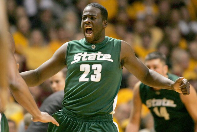 Michigan State forward Draymond Green cheers during the Big Ten opener agains Minnesota in the second half of an NCAA college men's basketball game in Minneapolis, Wednesday, Dec. 31, 2008.(AP Photo/Andy King)