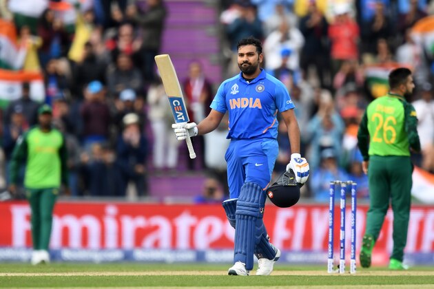 India's Rohit Sharma celebrates reaching his century during the 2019 Cricket World Cup group stage match between South Africa and India at the Rose Bowl in Southampton, southern England, on June 5, 2019. (Photo by Dibyangshu SARKAR / AFP) / RESTRICTED TO EDITORIAL USE        (Photo credit should read DIBYANGSHU SARKAR/AFP/Getty Images)