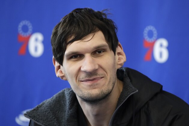 Philadelphia 76ers' Boban Marjanovic speaks with members of the media during a news conference at the NBA basketball team's practice facility in Camden, N.J., Monday, May 13, 2019. (AP Photo/Matt Rourke)