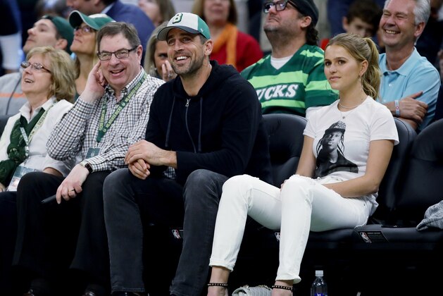 MILWAUKEE, WISCONSIN - MAY 23:  Aaron Rodgers of the Green Bay Packers looks on during Game Five of the Eastern Conference Finals of the 2019 NBA Playoffs between the Toronto Raptors and Milwaukee Bucks at the Fiserv Forum on May 23, 2019 in Milwaukee, Wisconsin. NOTE TO USER: User expressly acknowledges and agrees that, by downloading and or using this photograph, User is consenting to the terms and conditions of the Getty Images License Agreement. (Photo by Jonathan Daniel/Getty Images)