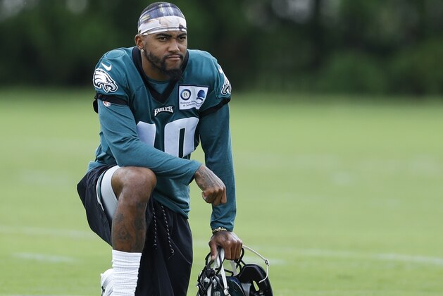 Philadelphia Eagles' DeSean Jackson watches from the sidelines during organized team activities at the NFL football team's practice facility, Monday, June 3, 2019, in Philadelphia. (AP Photo/Matt Slocum)