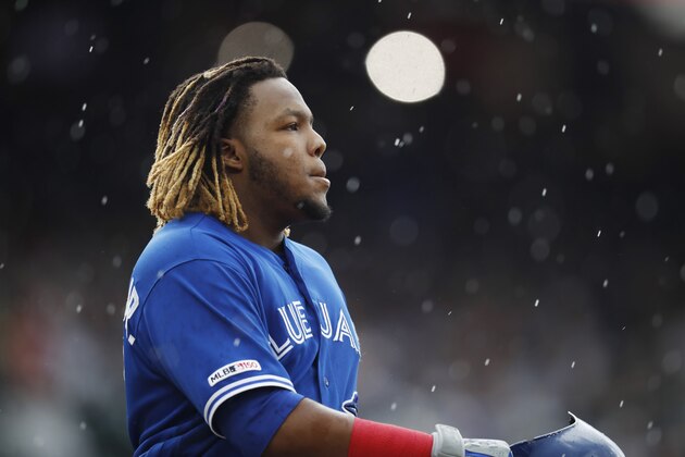 Toronto Blue Jays' Vladimir Guerrero Jr. reacts after grounding into a force-out against the Colorado Rockies to end the top of the fifth inning of a baseball game Sunday, June 2, 2019, in Denver. (AP Photo/David Zalubowski)