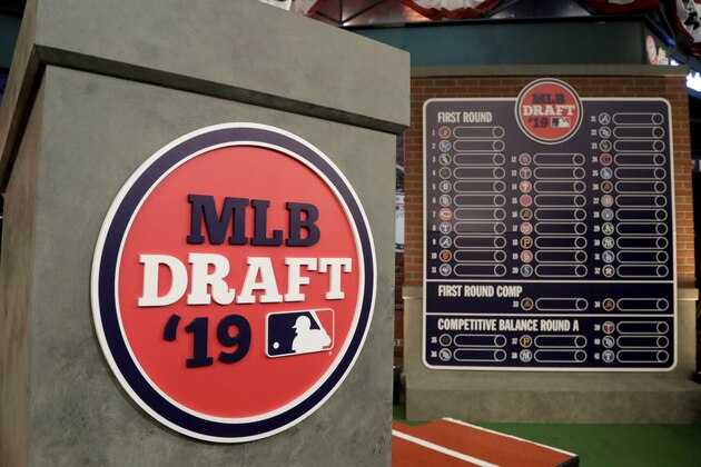The rostrum is viewed at the MLB Network prior to the first round of the Major League Baseball draft, Monday, June 3, 2019, in Secaucus, N.J. (AP Photo/Julio Cortez)