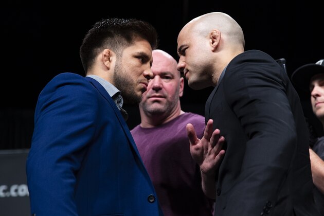 ATLANTA, GA - APRIL 12: Henry Cejudo and Marlon Moraes of Brazil face off during the UFC Seasonal Press Conference at State Farm Arena on April 12, 2019 in Atlanta, Georgia. (Photo by Carmen Mandato/Zuffa LLC via Getty Images)