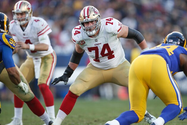 LOS ANGELES, CA - DECEMBER 30: Joe Staley #74 of the San Francisco 49ers blocks during the game against the Los Angeles Rams at the LA Memorial Coliseum on December 30, 2018 in Los Angeles, California. The Rams defeated the 49ers 48-32. (Photo by Michael Zagaris/San Francisco 49ers/Getty Images)