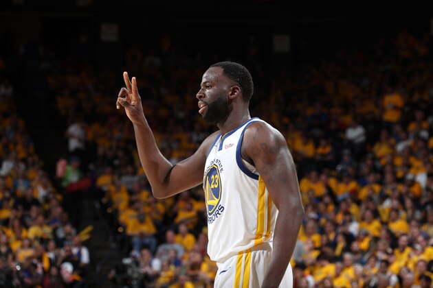 OAKLAND, CA - JUNE 5: Draymond Green #23 of the Golden State Warriors reacts to a play during Game Three of the NBA Finals against the Toronto Raptors on June 5, 2019 at ORACLE Arena in Oakland, California. NOTE TO USER: User expressly acknowledges and agrees that, by downloading and/or using this photograph, user is consenting to the terms and conditions of Getty Images License Agreement. Mandatory Copyright Notice: Copyright 2019 NBAE (Photo by Nathaniel S. Butler/NBAE via Getty Images) OAKLAND, CA - JUNE 5: Draymond Green #23 of the Golden State Warriors reacts to a play during Game Three of the NBA Finals against the Toronto Raptors on June 5, 2019 at ORACLE Arena in Oakland, California. NOTE TO USER: User expressly acknowledges and agrees that, by downloading and/or using this photograph, user is consenting to the terms and conditions of Getty Images License Agreement. Mandatory Copyright Notice: Copyright 2019 NBAE (Photo by Nathaniel S. Butler/NBAE via Getty Images)