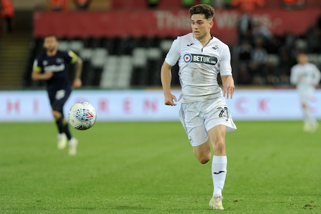 SWANSEA, WALES - MAY 01: Daniel James of Swansea City in action during the Sky Bet Championship match between Swansea City and Derby County at the Liberty Stadium on May 01, 2019 in Swansea, Wales. (Photo by Athena Pictures/Getty Images)