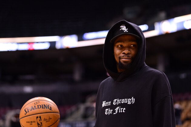 TORONTO, ON -  JUNE 1: Kevin Durant of the Golden State Warriors during practice and media availability as part of the 2019 NBA Finals on June 01, 2019 at Scotiabank Arena in Toronto, Ontario, Canada. NOTE TO USER: User expressly acknowledges and agrees that, by downloading and or using this photograph, User is consenting to the terms and conditions of the Getty Images License Agreement. Mandatory Copyright Notice: Copyright 2019 NBAE (Photo by Noah Graham/NBAE via Getty Images)